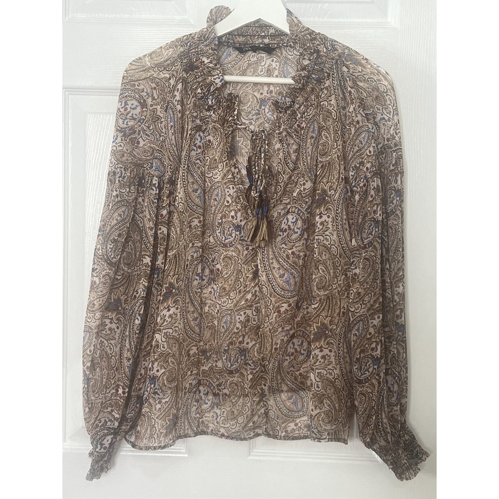 ZARA Boho Paisley Peasant Bohemian Blouse Tie Neck Balloon Sleeve Festival Top S - Picture 2 of 6